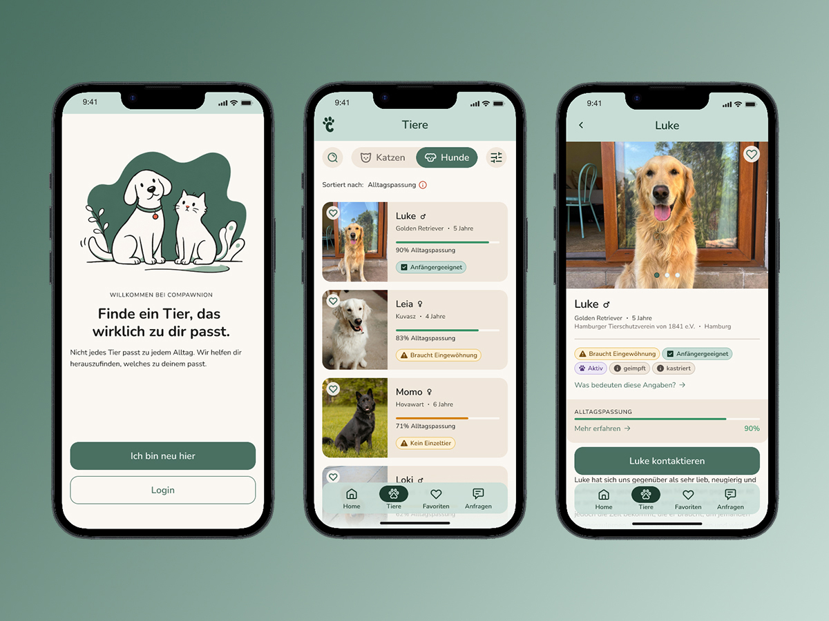 Compawnion app on three iPhone screens: welcome with a hand-drawn dog and cat illustrating &ldquo;Finde ein Tier, das wirklich zu dir passt&rdquo;, an animal browse list with everyday-life fit scores, and a detail view for Luke, a golden retriever.