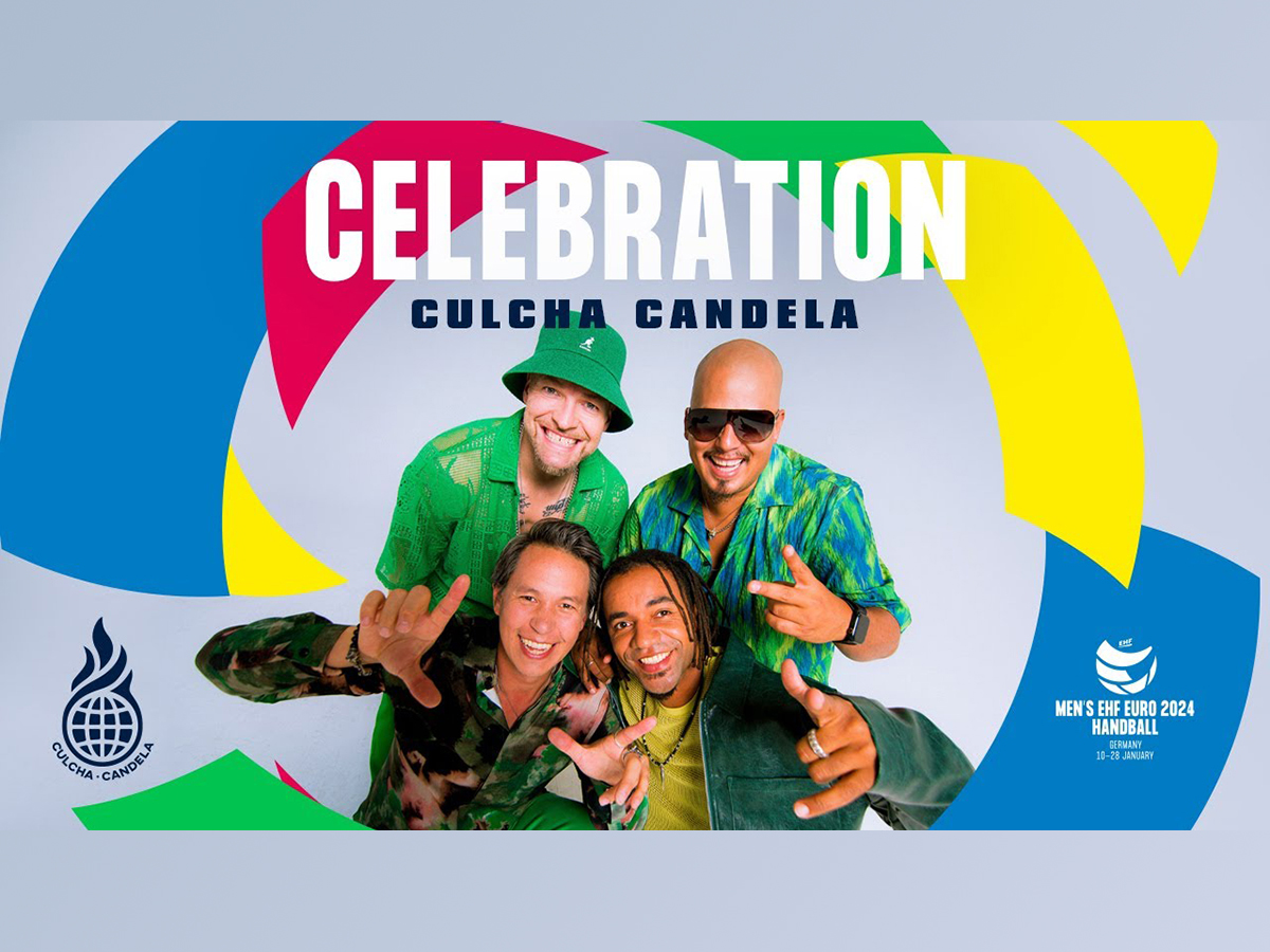 Official &lsquo;Celebration&rsquo; artwork featuring Culcha Candela with the EHF EURO 2024 logo.