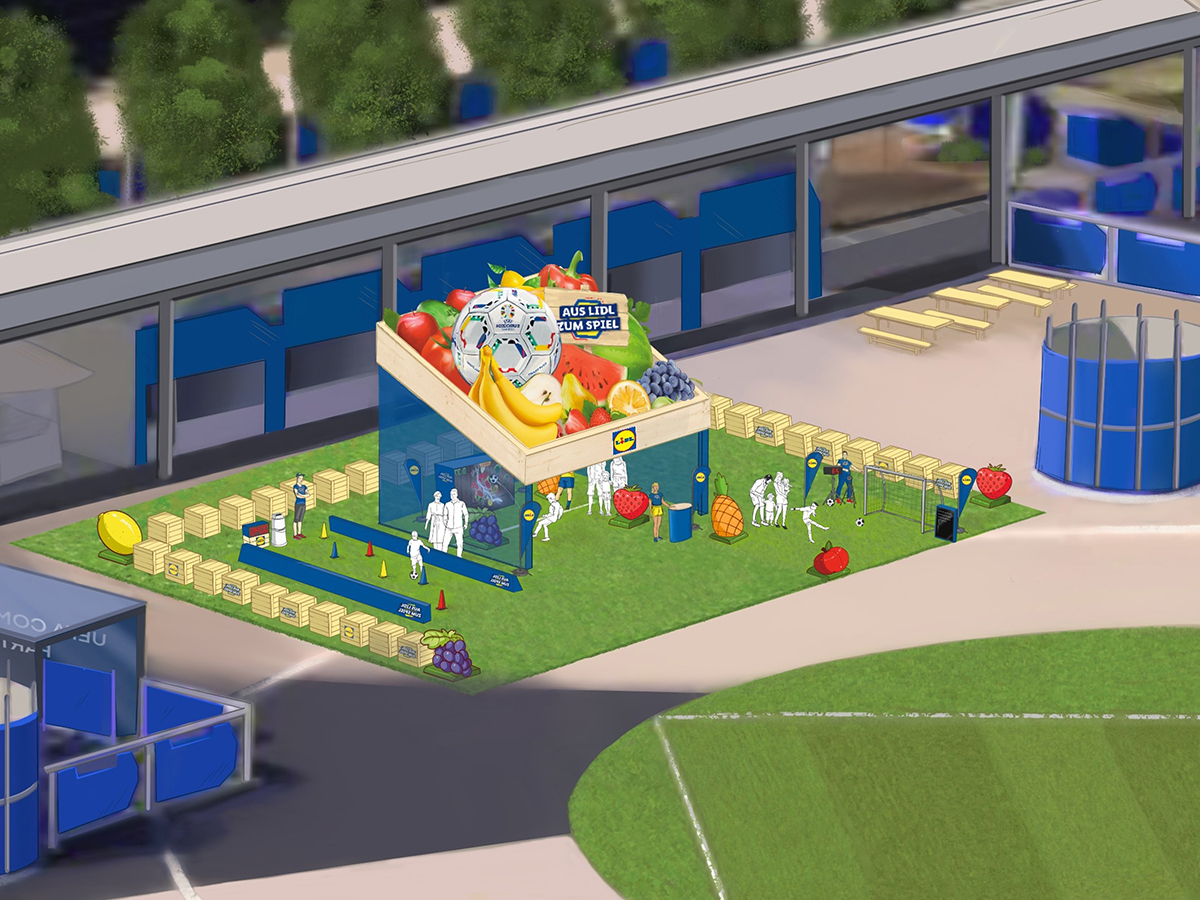 Concept rendering of the Lidl hub at a stadium venue, showing the oversized fruit crate structure with activation formats arranged around it including a dribbling course and shooting station.