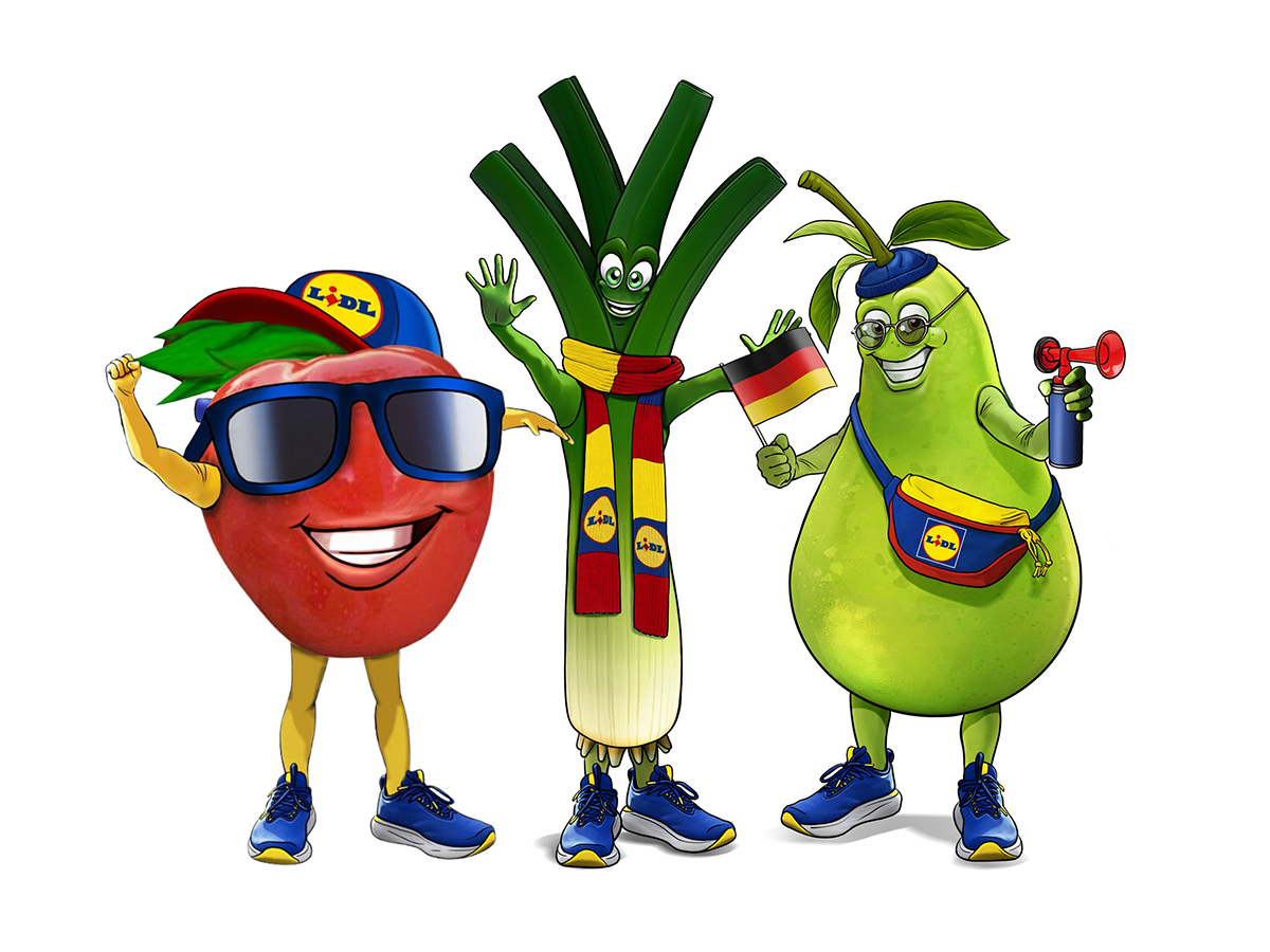 The three Lidl Freshies characters: an apple, a leek, and a pear, dressed as football fans with Lidl-branded accessories.
