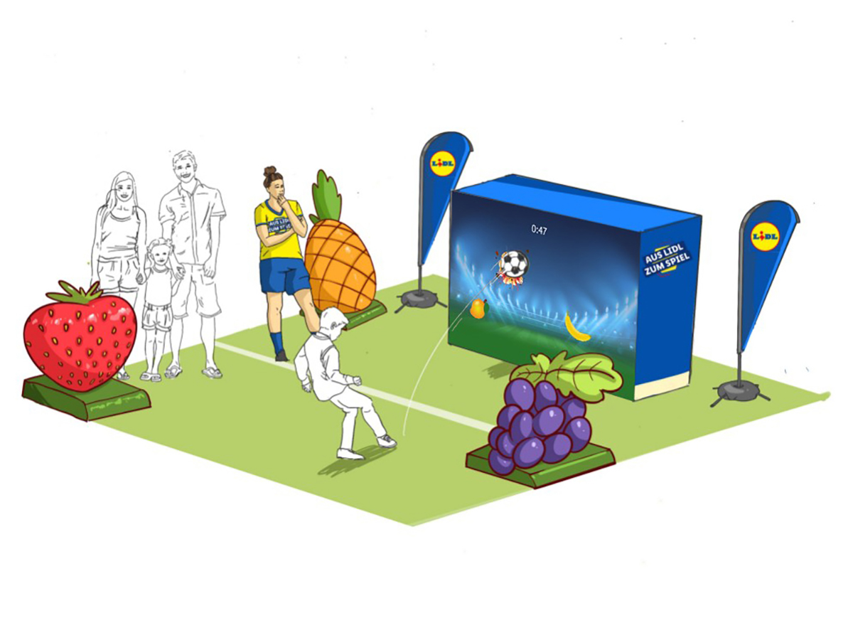 Concept illustration of the Fruit Football activation: a child shoots at a goal-sized digital screen displaying falling fruit, with oversized fruit props and a Lidl promoter in the background.